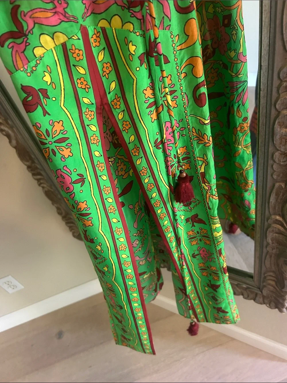 Tory Burch Green Floral-Paisley dress with Pink and Yellow Accents